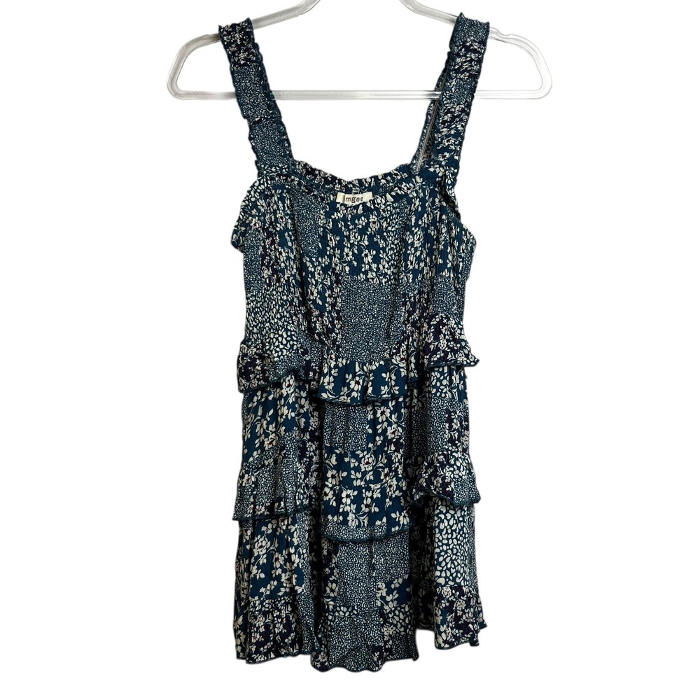 Umgee Womens Blue Floral Smocked‎ Tiered Ruffle Tank Tunic Size M Boho C02955
